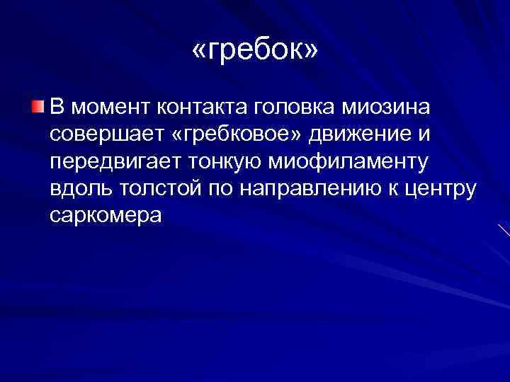  «гребок» В момент контакта головка миозина совершает «гребковое» движение и передвигает тонкую миофиламенту