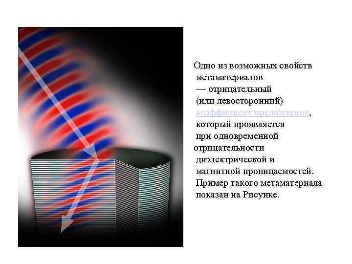 Одно из возможных свойств метаматериалов — отрицательный (или левосторонний) коэффициент преломления, который проявляется при