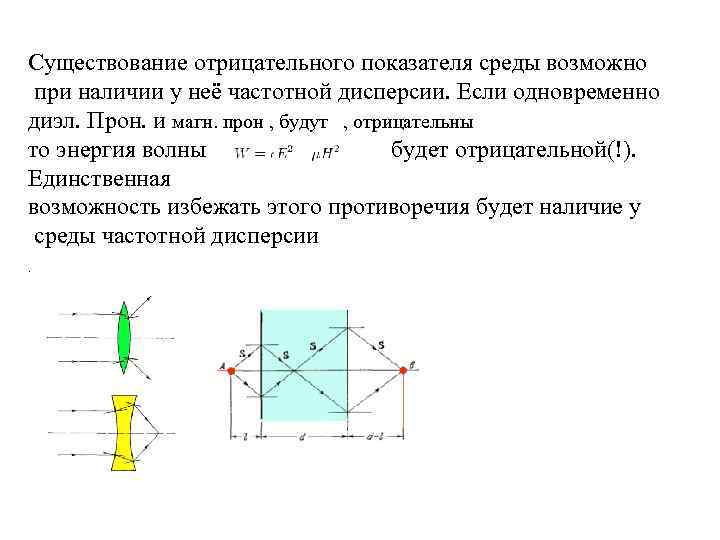 Существование отрицательного показателя среды возможно при наличии у неё частотной дисперсии. Если одновременно диэл.