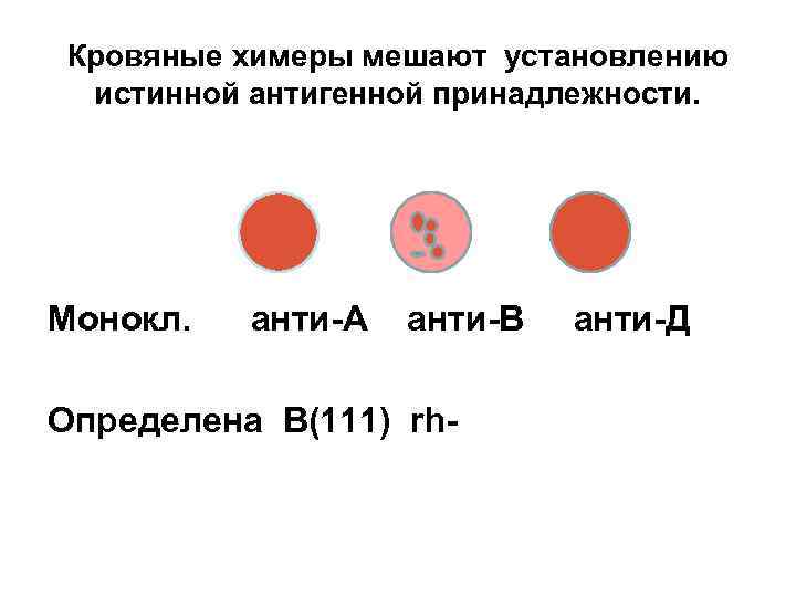 Кровяные химеры мешают установлению истинной антигенной принадлежности. Монокл. анти-А анти-В Определена В(111) rh- анти-Д