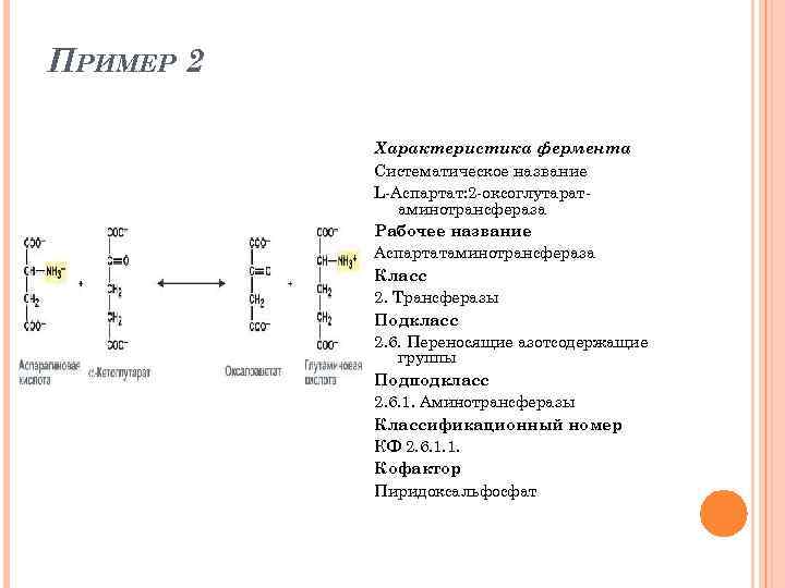 ПРИМЕР 2 Характеристика фермента Систематическое название L Аспартат: 2 оксоглутарат аминотрансфераза Рабочее название Аспартатаминотрансфераза