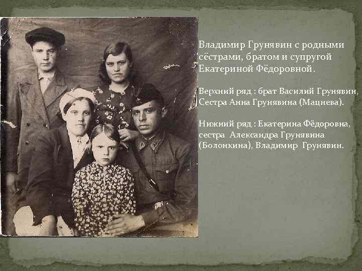 Владимир Грунявин с родными сёстрами, братом и супругой Екатериной Фёдоровной. Верхний ряд : брат