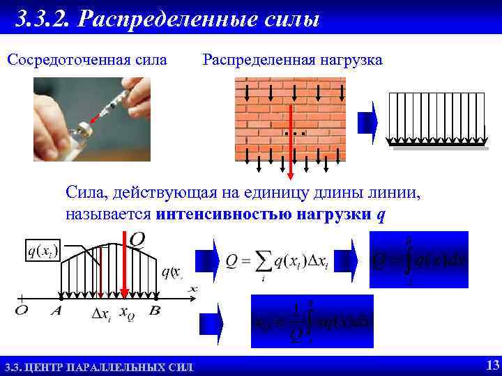3. 3. 2. Распределенные силы Сосредоточенная сила Распределенная нагрузка … Сила, действующая на единицу
