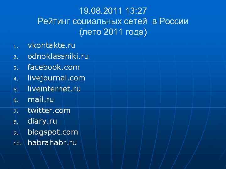 19. 08. 2011 13: 27 Рейтинг социальных сетей в России (лето 2011 года) 1.