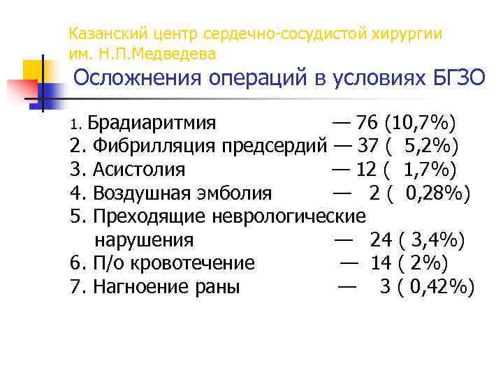 Казанский центр сердечно-сосудистой хирургии им. Н. П. Медведева Осложнения операций в условиях БГЗО Брадиаритмия