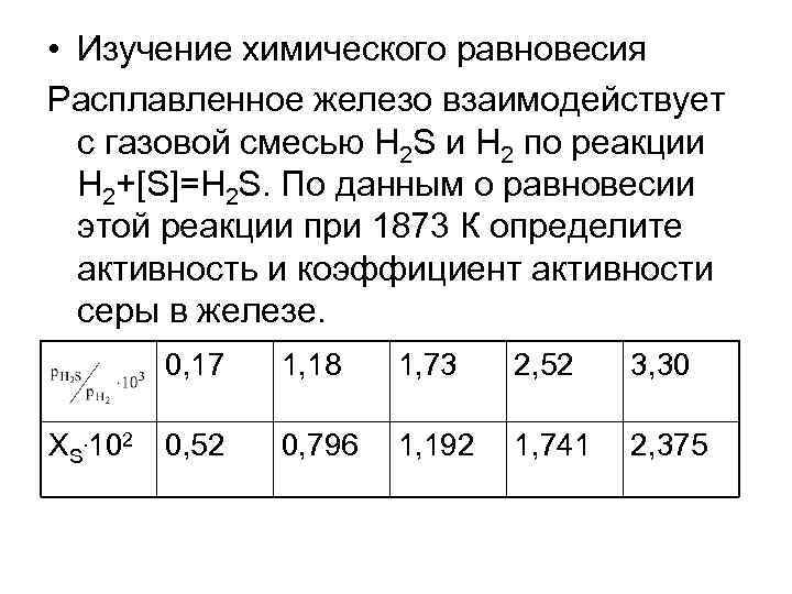  • Изучение химического равновесия Расплавленное железо взаимодействует с газовой смесью H 2 S