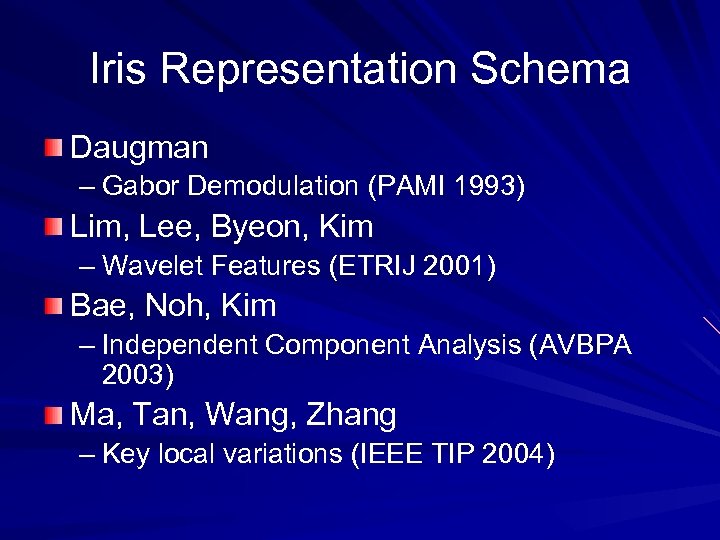 Iris Representation Schema Daugman – Gabor Demodulation (PAMI 1993) Lim, Lee, Byeon, Kim –