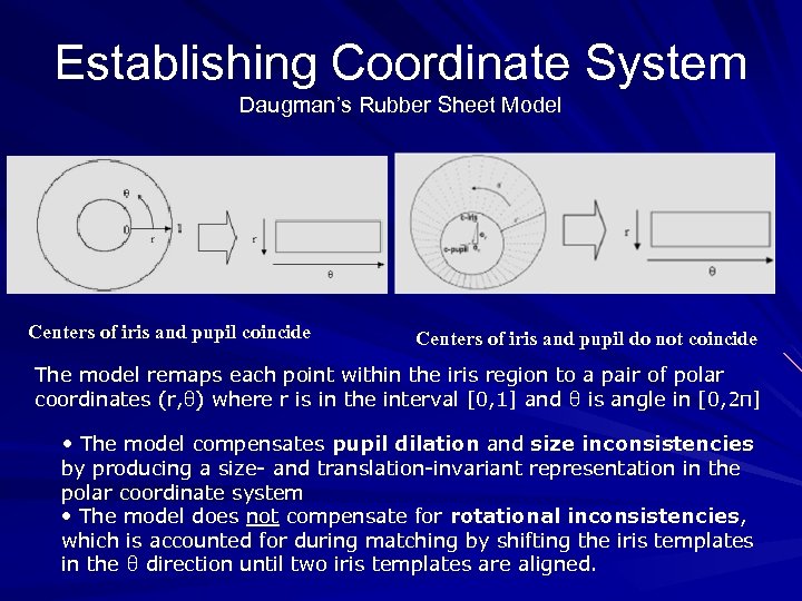 Establishing Coordinate System Daugman’s Rubber Sheet Model Centers of iris and pupil coincide Centers