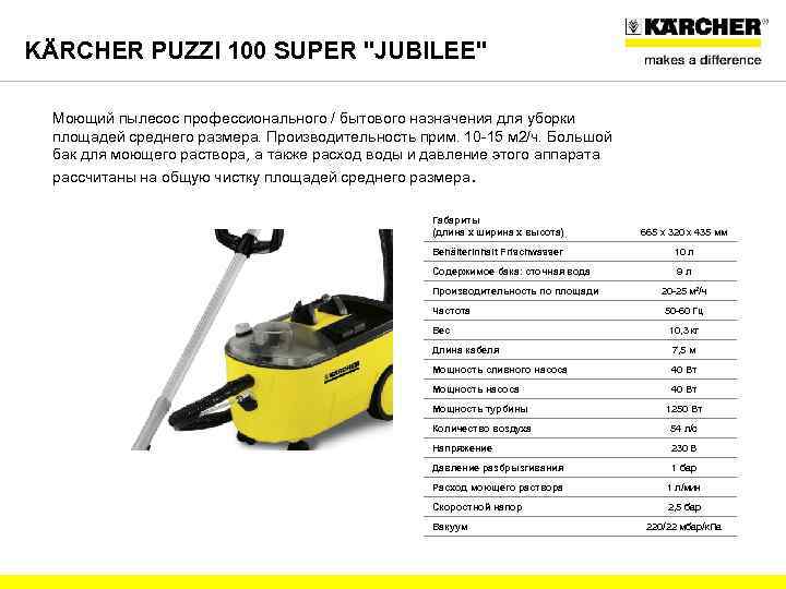 KÄRCHER PUZZI 100 SUPER "JUBILEE" Моющий пылесос профессионального / бытового назначения для уборки площадей