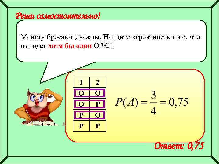 Реши самостоятельно! Монету бросают дважды. Найдите вероятность того, что выпадет хотя бы один ОРЕЛ.