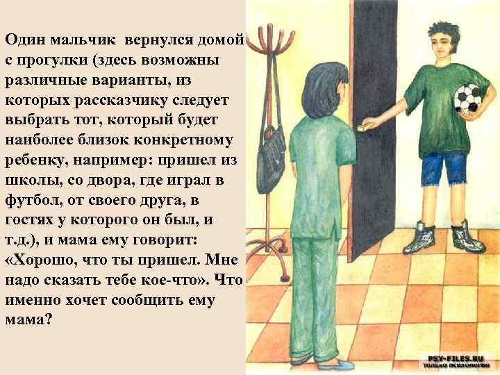 Один мальчик вернулся домой с прогулки (здесь возможны различные варианты, из которых рассказчику следует