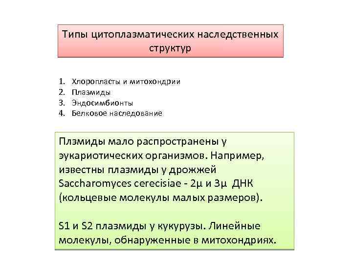 Типы цитоплазматических наследственных структур 1. 2. 3. 4. Хлоропласты и митохондрии Плазмиды Эндосимбионты Белковое