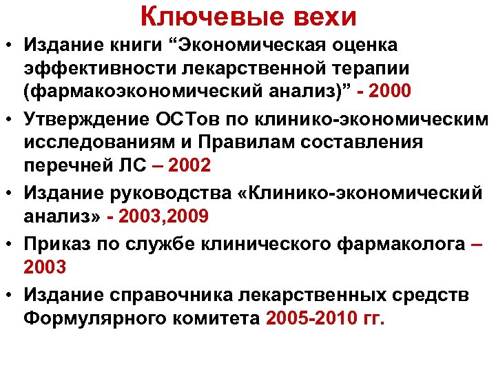 Ключевые вехи • Издание книги “Экономическая оценка эффективности лекарственной терапии (фармакоэкономический анализ)” - 2000