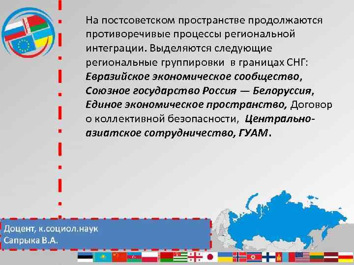 На постсоветском пространстве продолжаются противоречивые процессы региональной интеграции. Выделяются следующие региональные группировки в границах