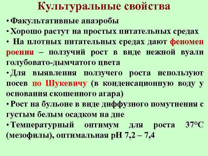 Культуральные свойства • Факультативные анаэробы • Хорошо растут на простых питательных средах • На