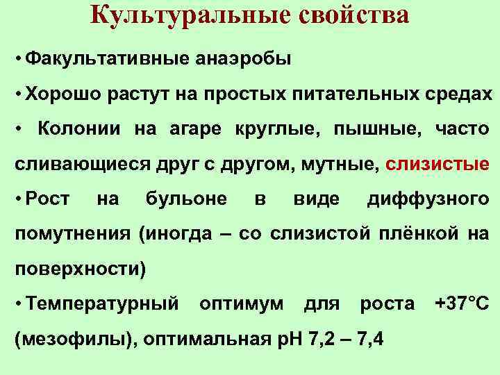 Культуральные свойства • Факультативные анаэробы • Хорошо растут на простых питательных средах • Колонии