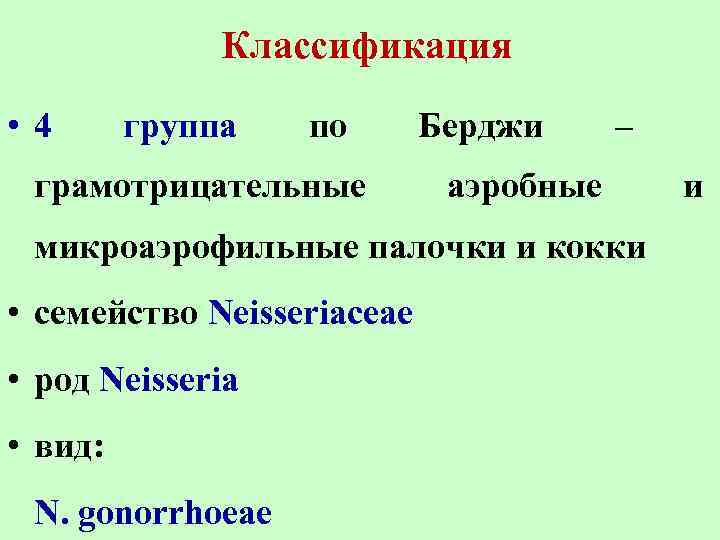 Классификация • 4 группа по грамотрицательные Берджи – аэробные микроаэрофильные палочки и кокки •