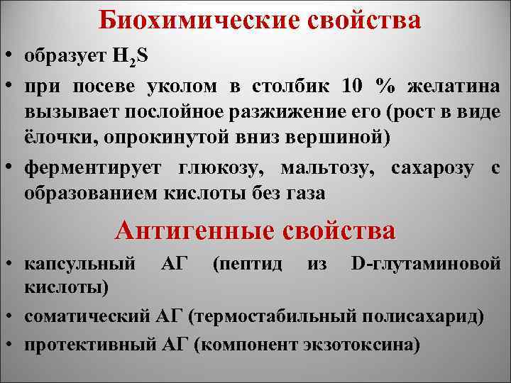 Биохимические свойства • образует H 2 S • при посеве уколом в столбик 10