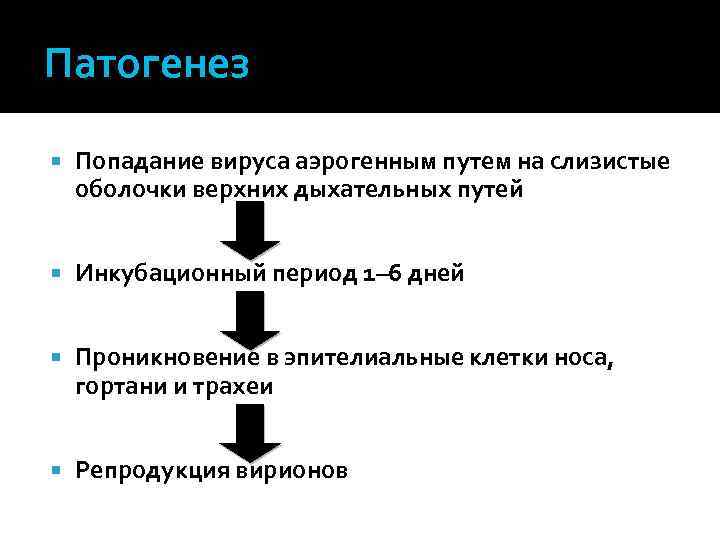 Патогенез Попадание вируса аэрогенным путем на слизистые оболочки верхних дыхательных путей Инкубационный период 1–