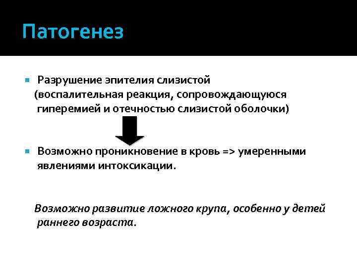 Патогенез Разрушение эпителия слизистой (воспалительная реакция, сопровождающуюся гиперемией и отечностью слизистой оболочки) Возможно проникновение