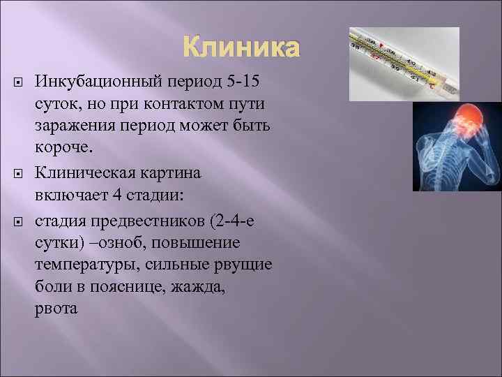 Клиника Инкубационный период 5 -15 суток, но при контактом пути заражения период может быть