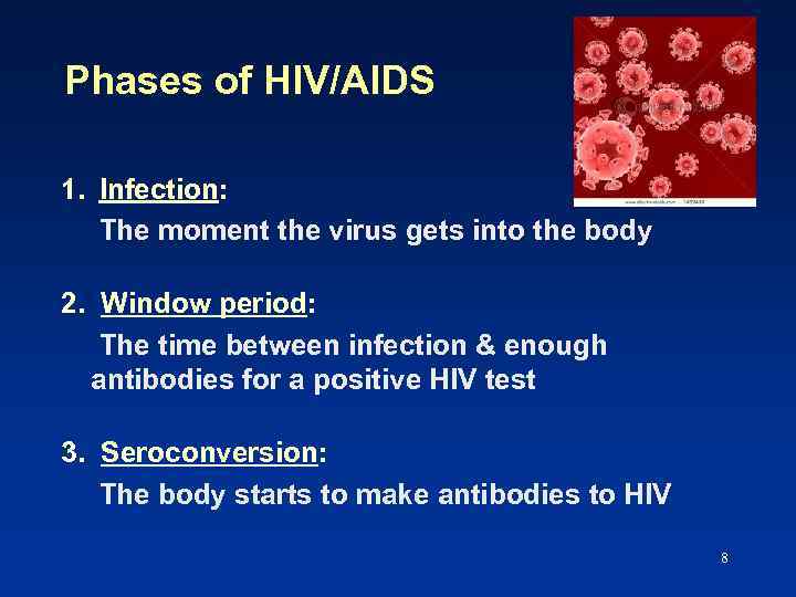 Phases of HIV/AIDS 1. Infection: The moment the virus gets into the body 2.