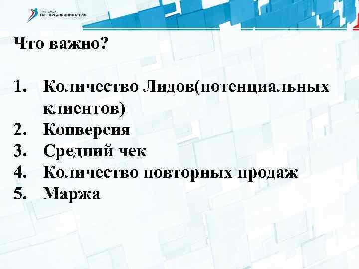 Что важно? 1. Количество Лидов(потенциальных клиентов) 2. Конверсия 3. Средний чек 4. Количество повторных
