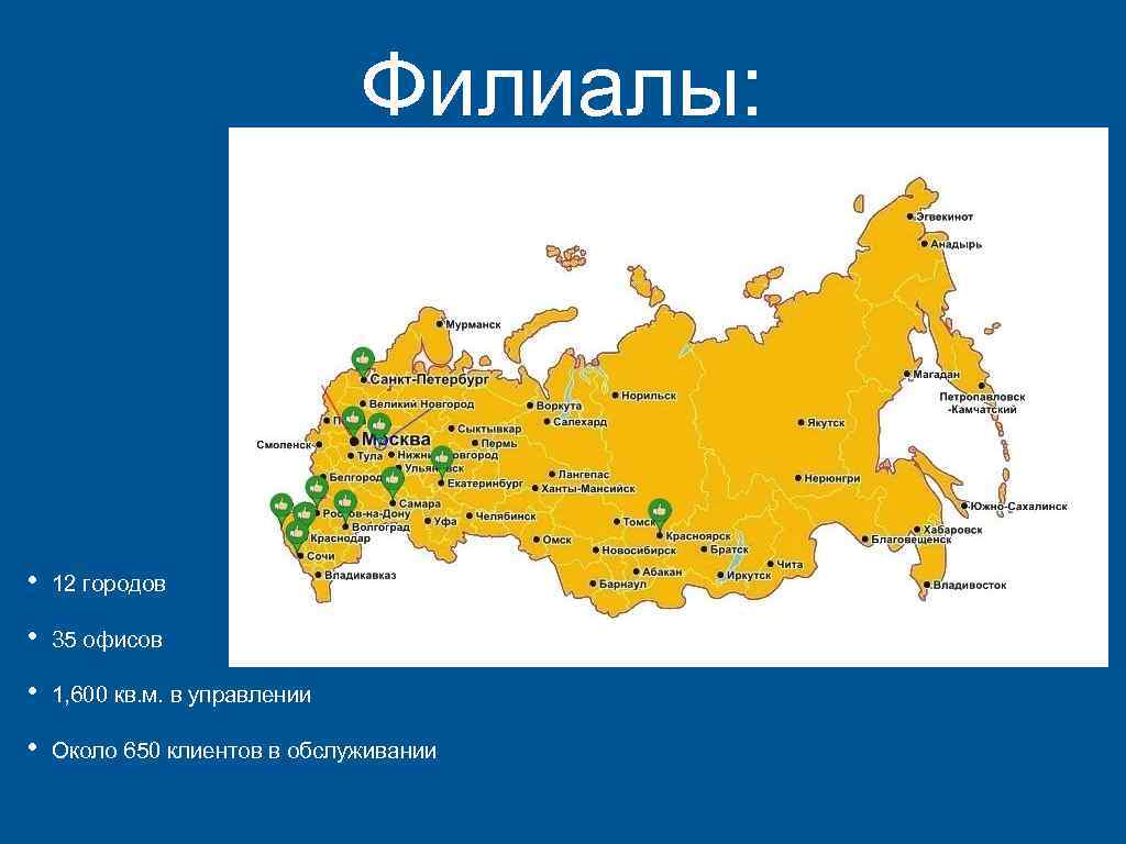 Филиалы: • 12 городов • 35 офисов • 1, 600 кв. м. в управлении