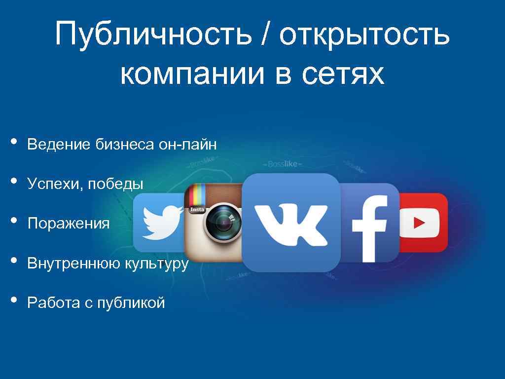 Публичность / открытость компании в сетях • Ведение бизнеса он-лайн • Успехи, победы •