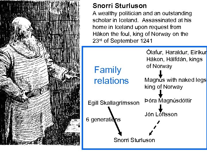 Snorri Sturluson A wealthy politician and an outstanding scholar in Iceland. Assassinated at his