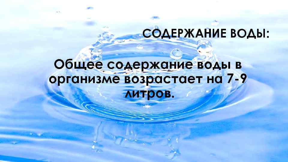 СОДЕРЖАНИЕ ВОДЫ: Общее содержание воды в организме возрастает на 7 -9 литров. 