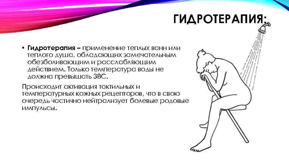 ГИДРОТЕРАПИЯ: • Гидротерапия – применение теплых ванн или теплого душа, обладающих замечательным обезболивающим и