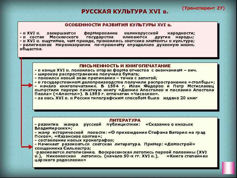 РУССКАЯ КУЛЬТУРА ХVI в. (Транспарант 27) ОСОБЕННОСТИ РАЗВИТИЯ КУЛЬТУРЫ ХVI в. - в ХVI