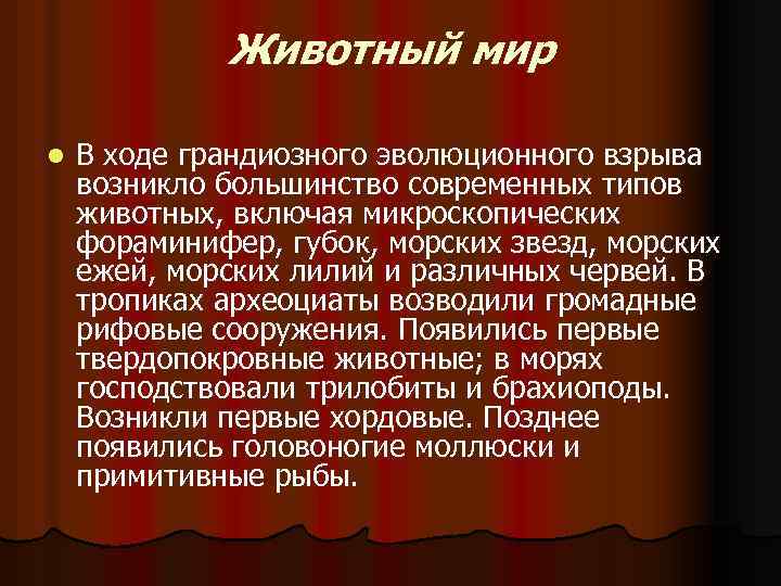 Животный мир l В ходе грандиозного эволюционного взрыва возникло большинство современных типов животных, включая