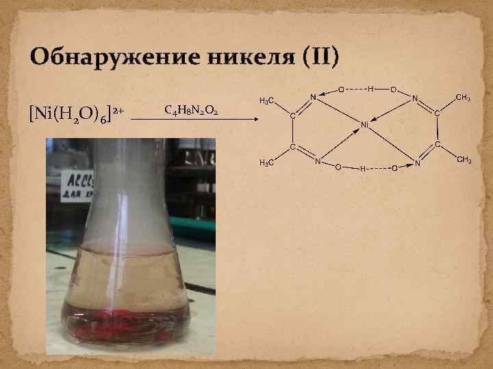 Обнаружение никеля (II) [Ni(H 2 O)6]2+ C 4 H 8 N 2 O 2