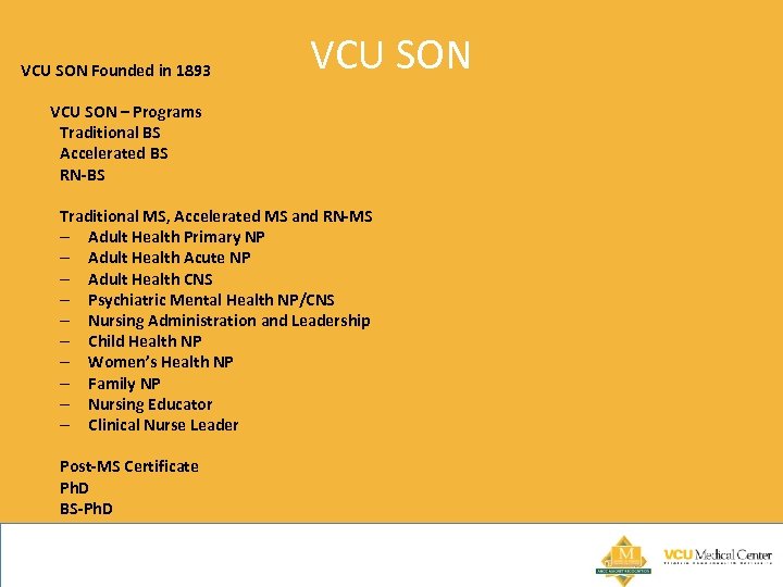 VCU SON Founded in 1893 VCU SON – Programs Traditional BS Accelerated BS RN-BS