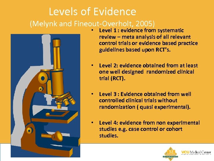 Levels of Evidence (Melynk and Fineout-Overholt, 2005) • Level 1 : evidence from systematic