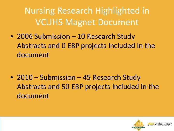 Nursing Research Highlighted in VCUHS Magnet Document • 2006 Submission – 10 Research Study