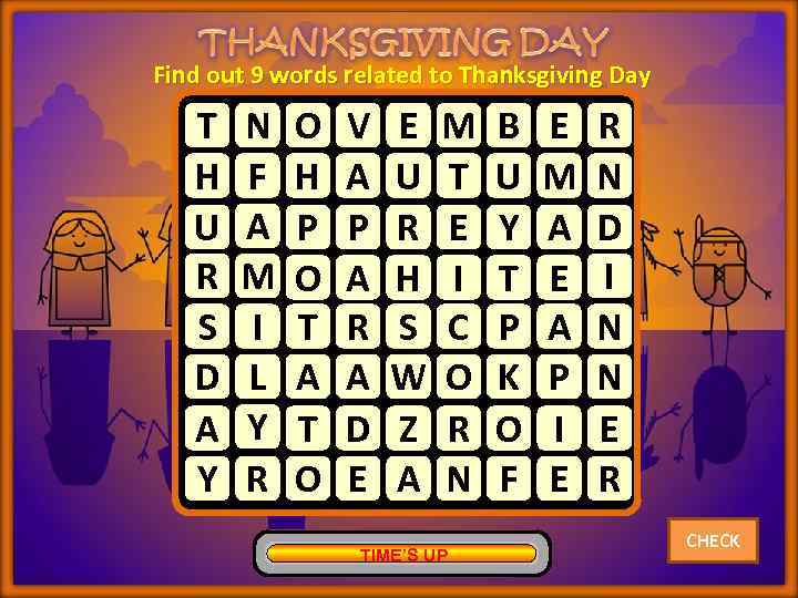 Find out 9 words related to Thanksgiving Day T H U R S D