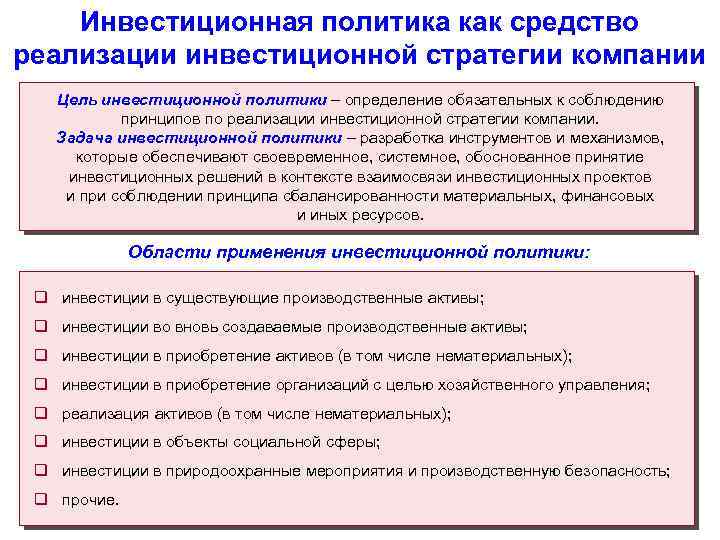 Инвестиционная политика как средство реализации инвестиционной стратегии компании Цель инвестиционной политики – определение обязательных