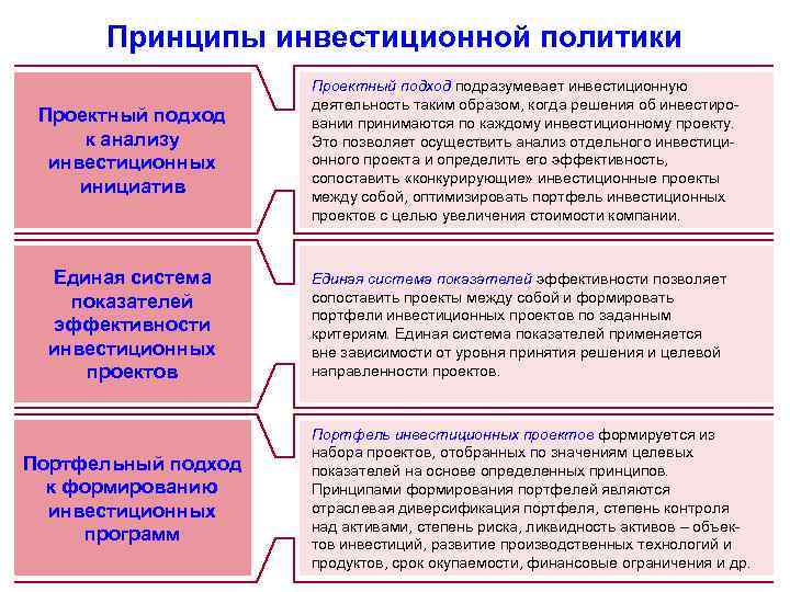 Принципы инвестиционной политики Проектный подход к анализу инвестиционных инициатив Единая система показателей эффективности инвестиционных