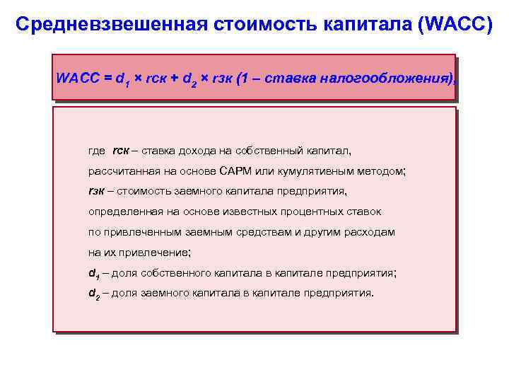 Средневзвешенная стоимость капитала (WACC) WACC = d 1 × rск + d 2 ×