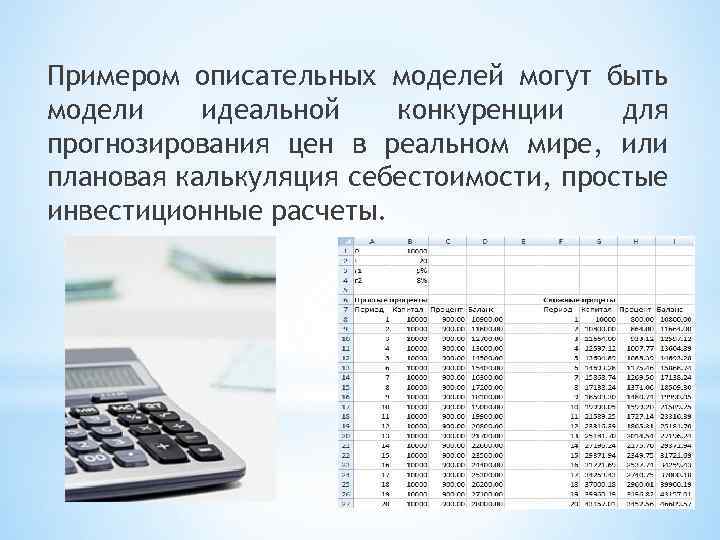 Примером описательных моделей могут быть модели идеальной конкуренции для прогнозирования цен в реальном мире,