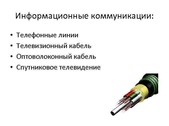 Информационные коммуникации: • • Телефонные линии Телевизионный кабель Оптоволоконный кабель Спутниковое телевидение 