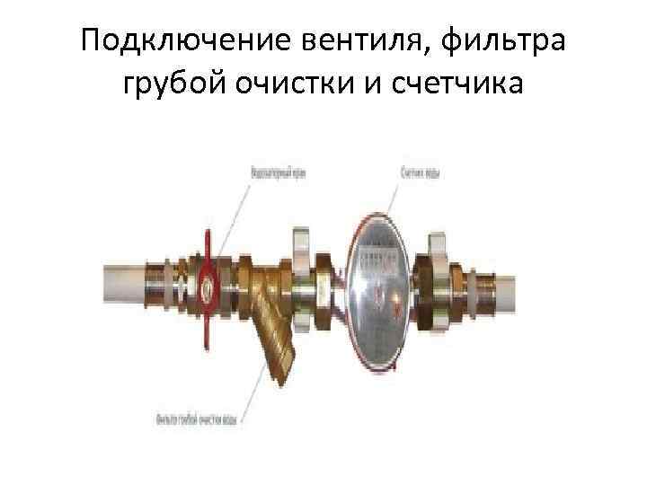Подключение вентиля, фильтра грубой очистки и счетчика 