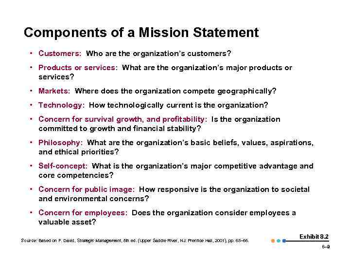 Components of a Mission Statement • Customers: Who are the organization’s customers? • Products