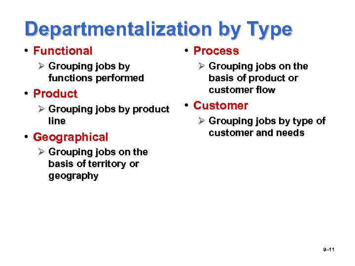 Departmentalization by Type • Functional Ø Grouping jobs by functions performed • Product Ø