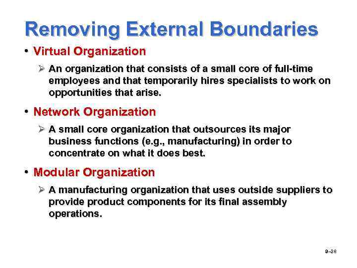 Removing External Boundaries • Virtual Organization Ø An organization that consists of a small