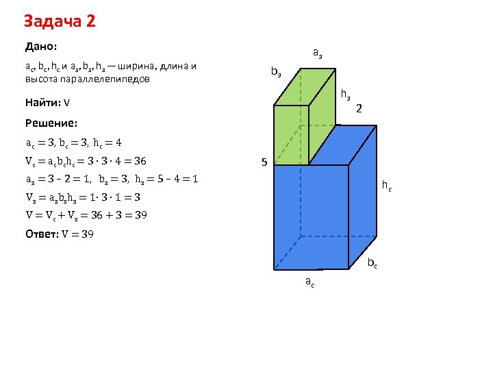 Задача 2 Дано: aз aс, bс, hс и aз, bз, hз — ширина, длина