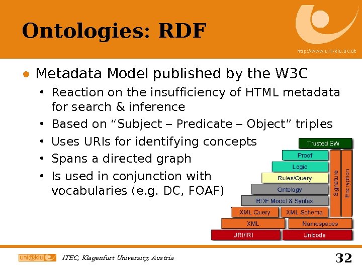Ontologies: RDF http: //www. uni-klu. ac. at ● Metadata Model published by the W